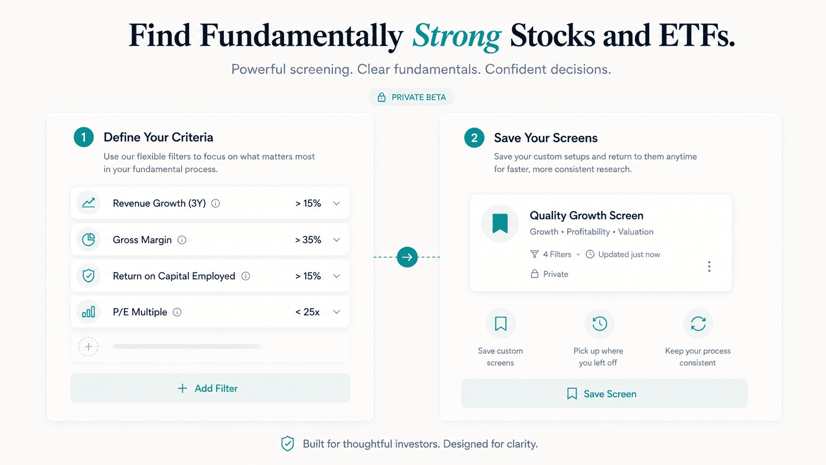 A screener with revenue growth, gross margin, and other fundamental filters